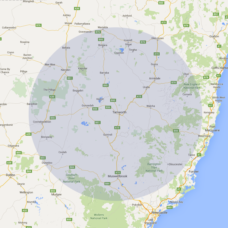 Aquatam service area coverage map showing 300km radius from Tamworth